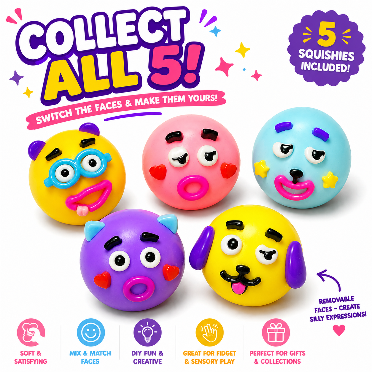 ALL 5 Face Squishies! - Squeeze Toy (BUNDLE DEAL!)